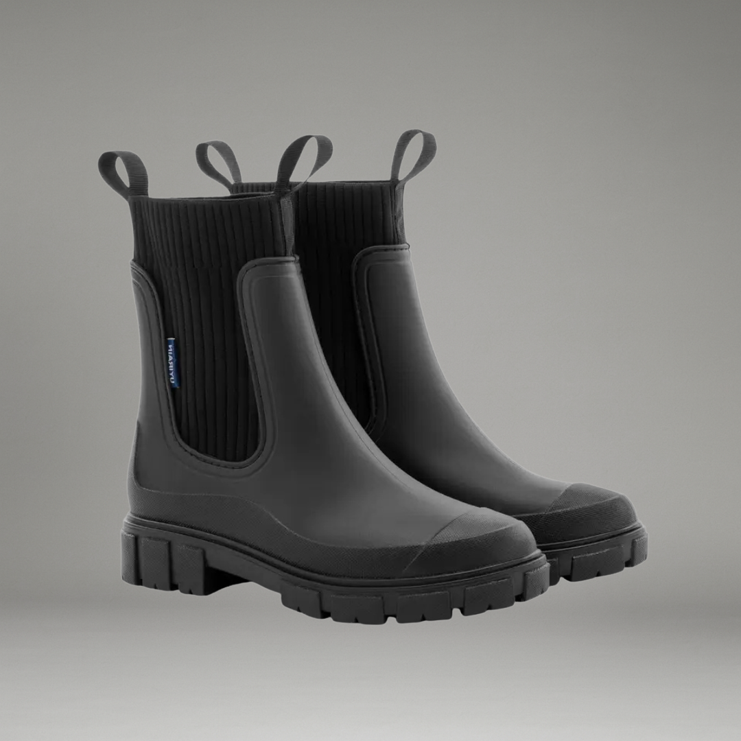 Women’s Ankle-Length Rain Boots with Elastic Side Panels and Pull Tabs