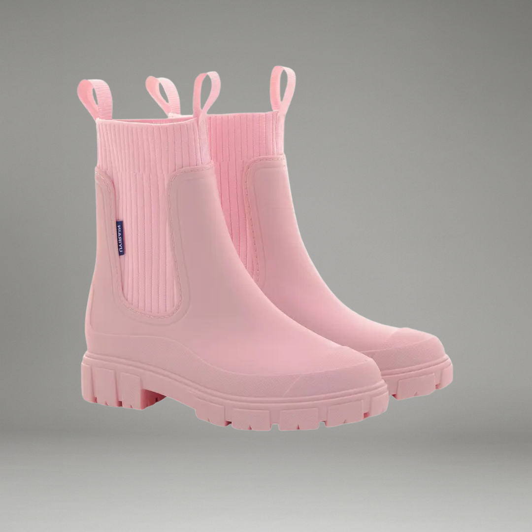 Women’s Ankle-Length Rain Boots with Elastic Side Panels and Pull Tabs