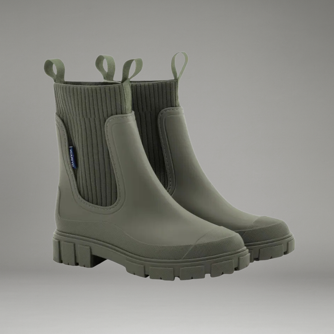 Women’s Ankle-Length Rain Boots with Elastic Side Panels and Pull Tabs