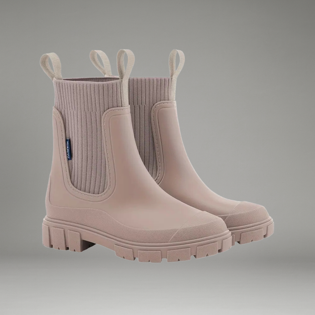 Women’s Ankle-Length Rain Boots with Elastic Side Panels and Pull Tabs