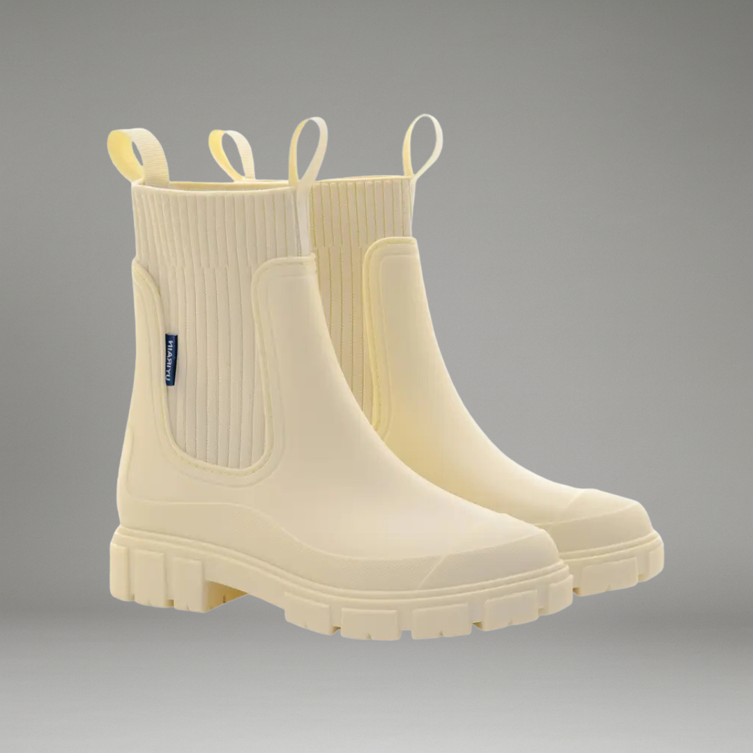 Women’s Ankle-Length Rain Boots with Elastic Side Panels and Pull Tabs