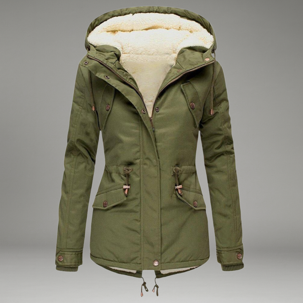 Women’s Coat with Zip and Button Closure and Detachable Hood