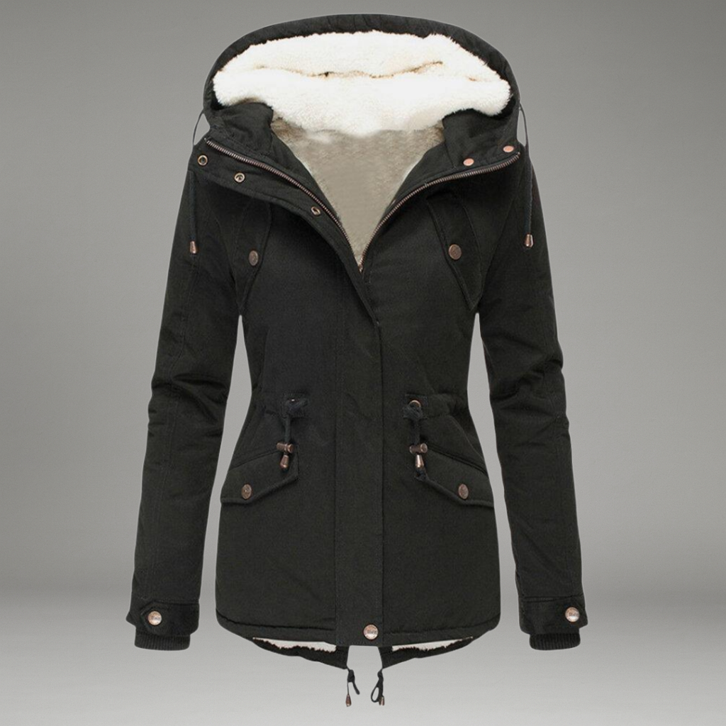 Women’s Coat with Zip and Button Closure and Detachable Hood