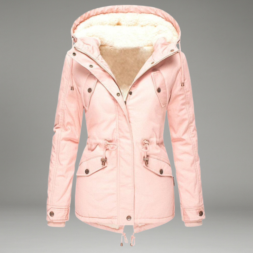 Women’s Coat with Zip and Button Closure and Detachable Hood