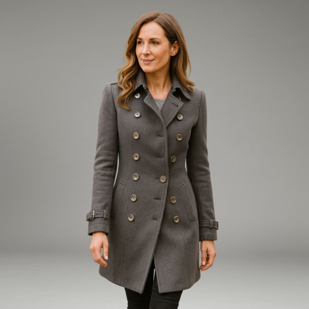 Women’s Double-Breasted Peacoat Jacket with Notched Lapel and Button Closure
