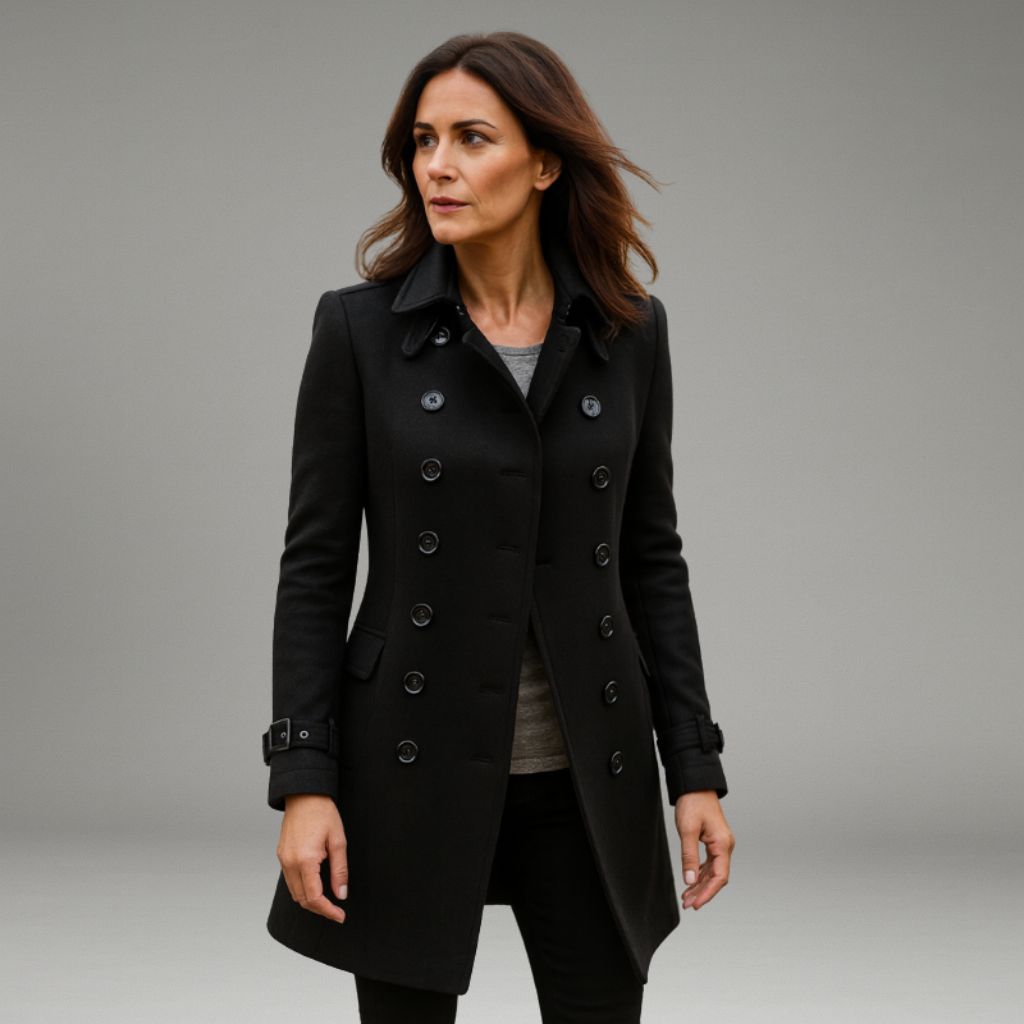 Women’s Double-Breasted Peacoat Jacket with Notched Lapel and Button Closure