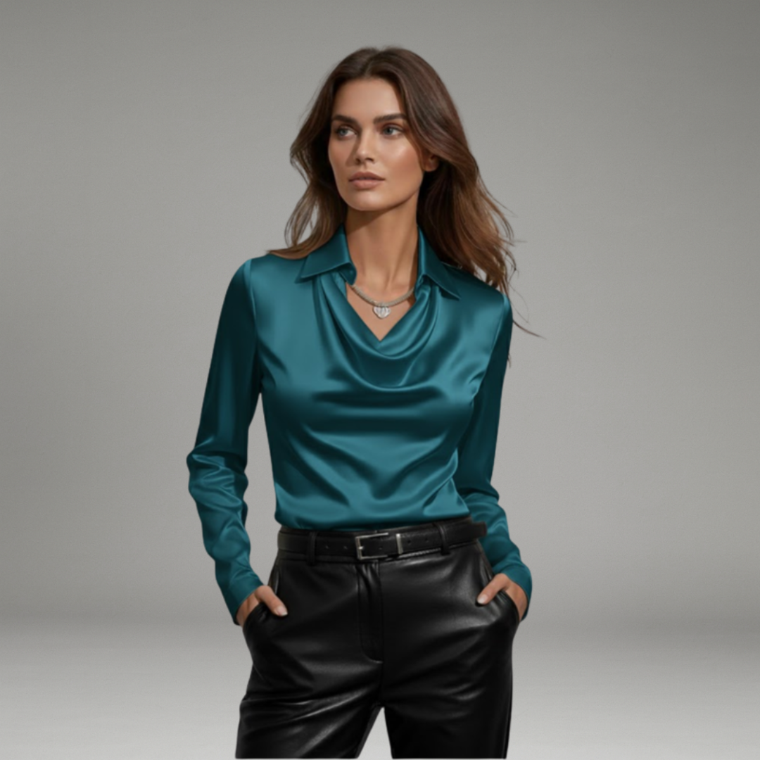Women’s Long Sleeve Blouse with Cowl Neckline and Straight Hem