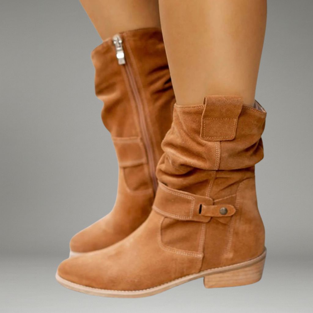 Women’s Mid-Calf Boots with Side Pull Tabs and Flat Sole