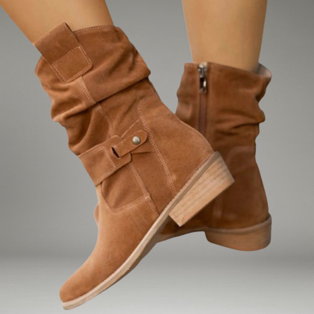 Women’s Mid-Calf Boots with Side Pull Tabs and Flat Sole