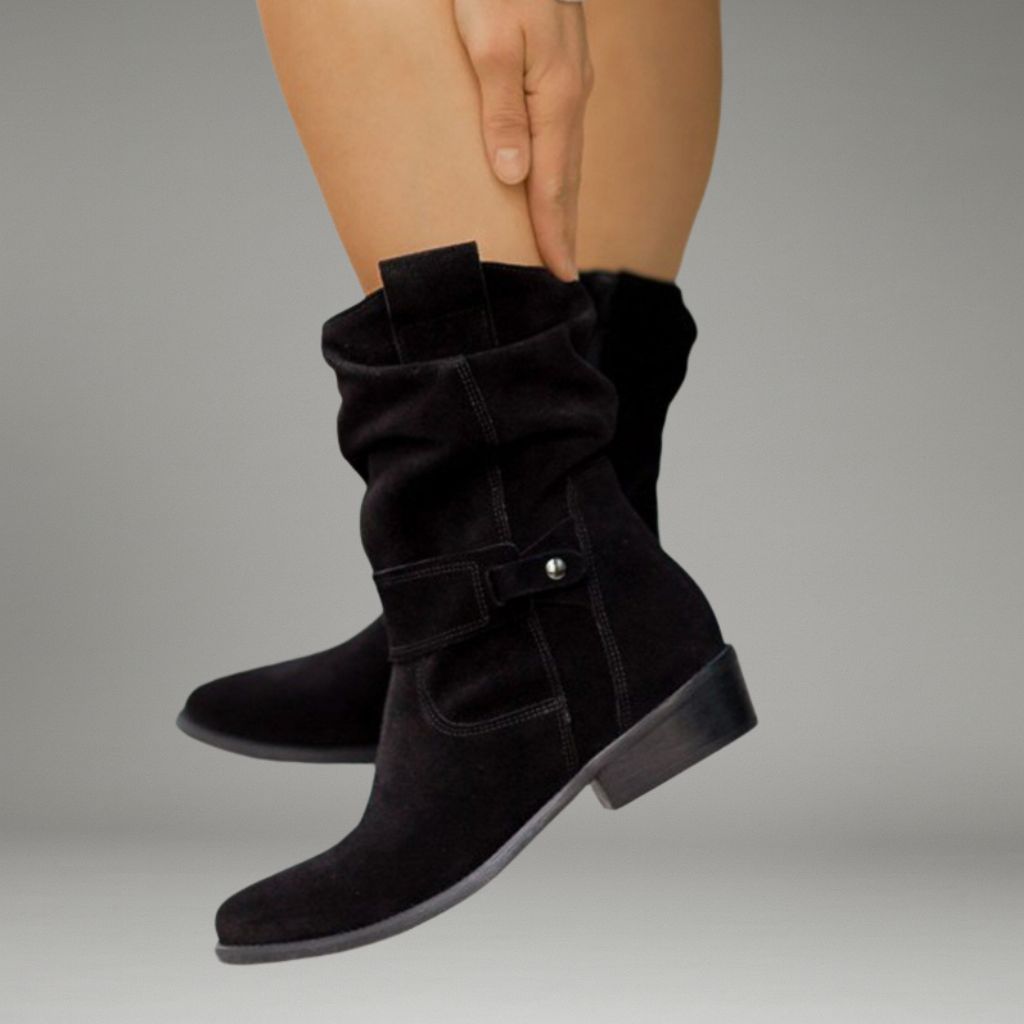 Women’s Mid-Calf Boots with Side Pull Tabs and Flat Sole