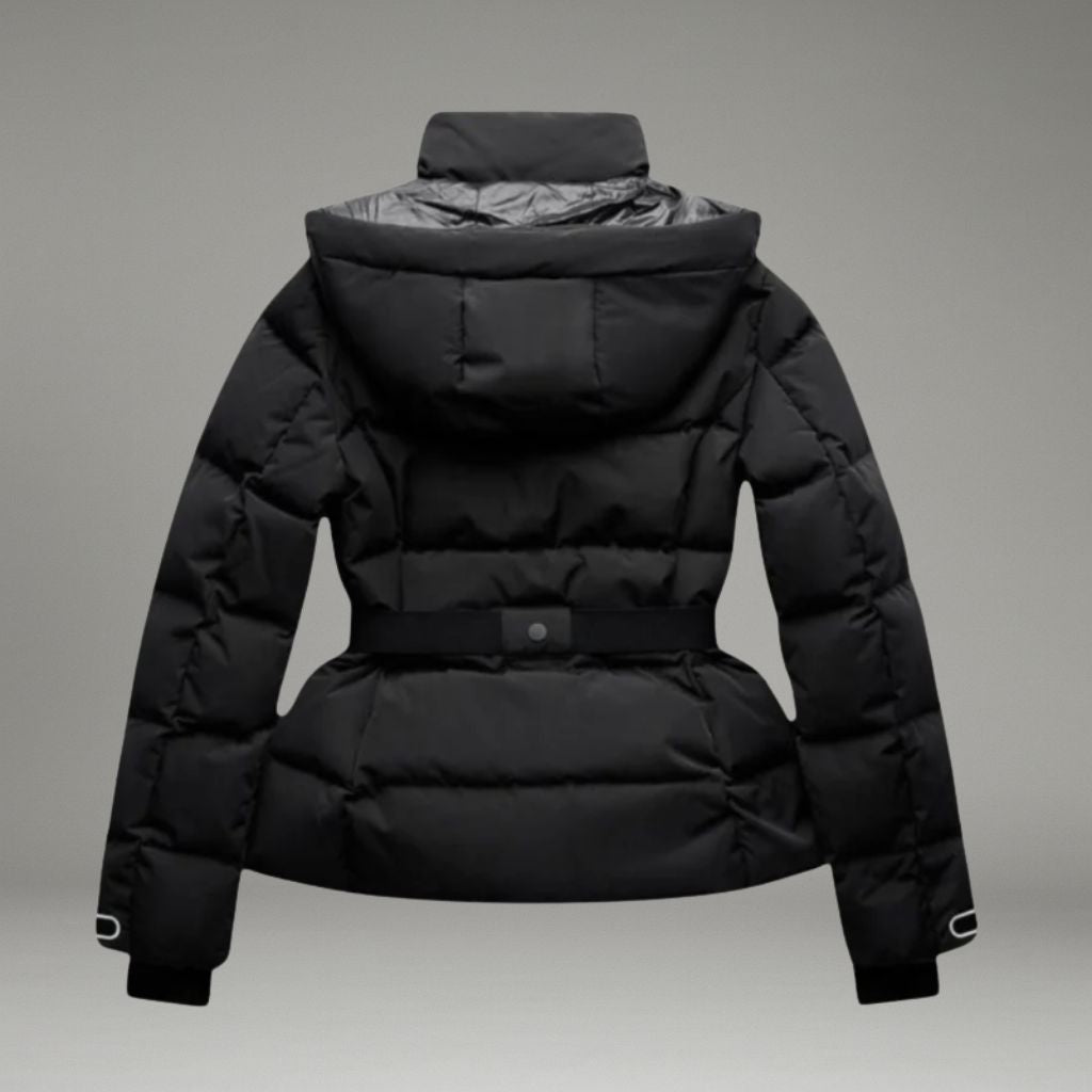 Women’s Puffer Jacket with Belted Waist and Zip Closure