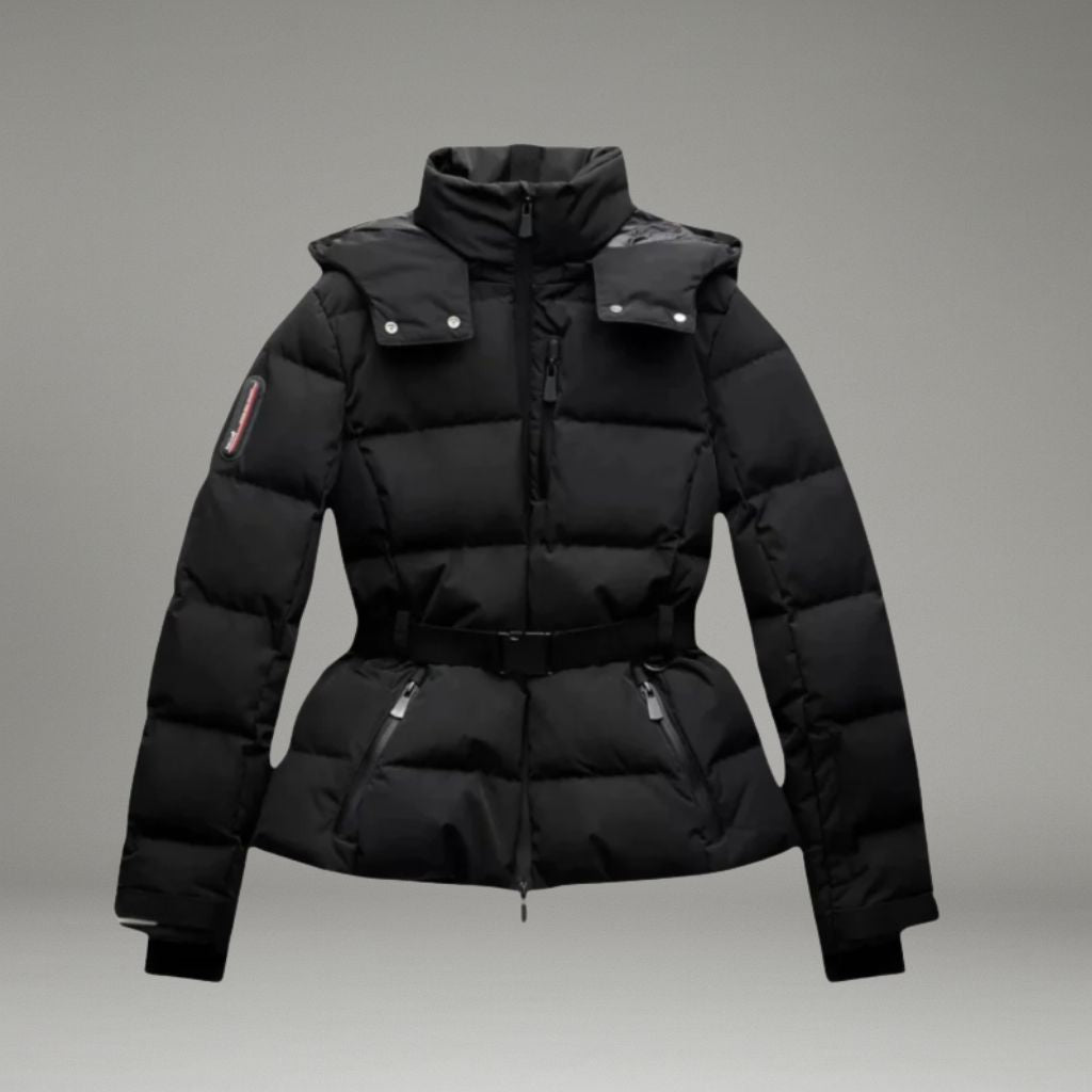 Women’s Puffer Jacket with Belted Waist and Zip Closure