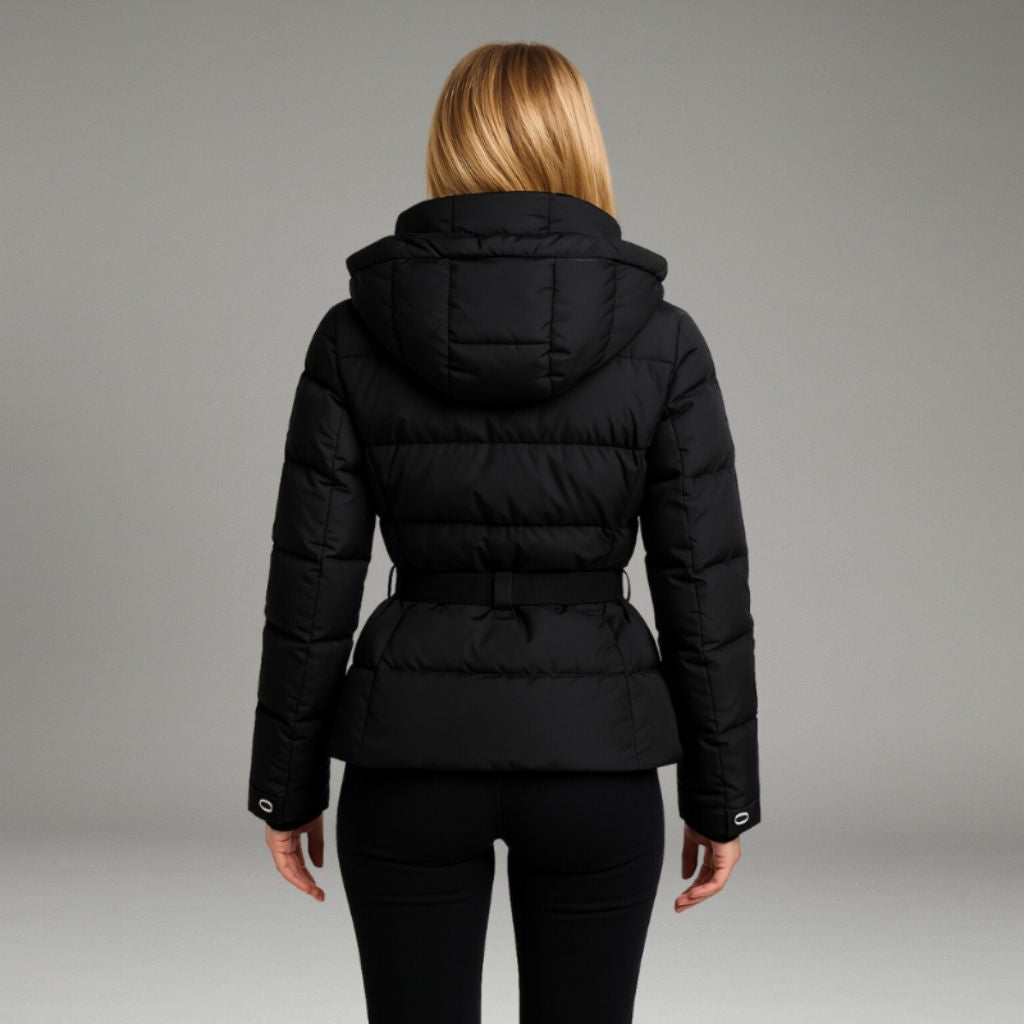 Women’s Puffer Jacket with High Collar and Belted Waist