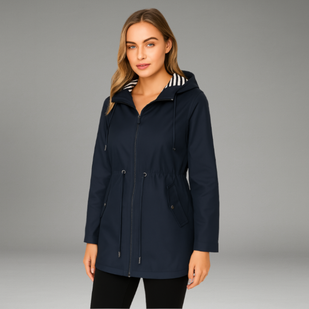 Women’s Rain Jacket with Zip and Snap Closure and Adjustable Hood