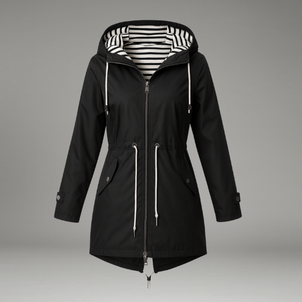 Women’s Rain Jacket with Zip and Snap Closure and Adjustable Hood