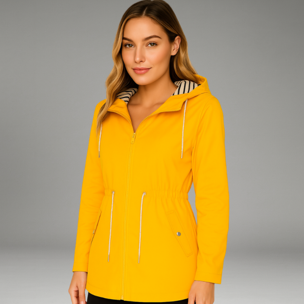 Women’s Rain Jacket with Zip and Snap Closure and Adjustable Hood