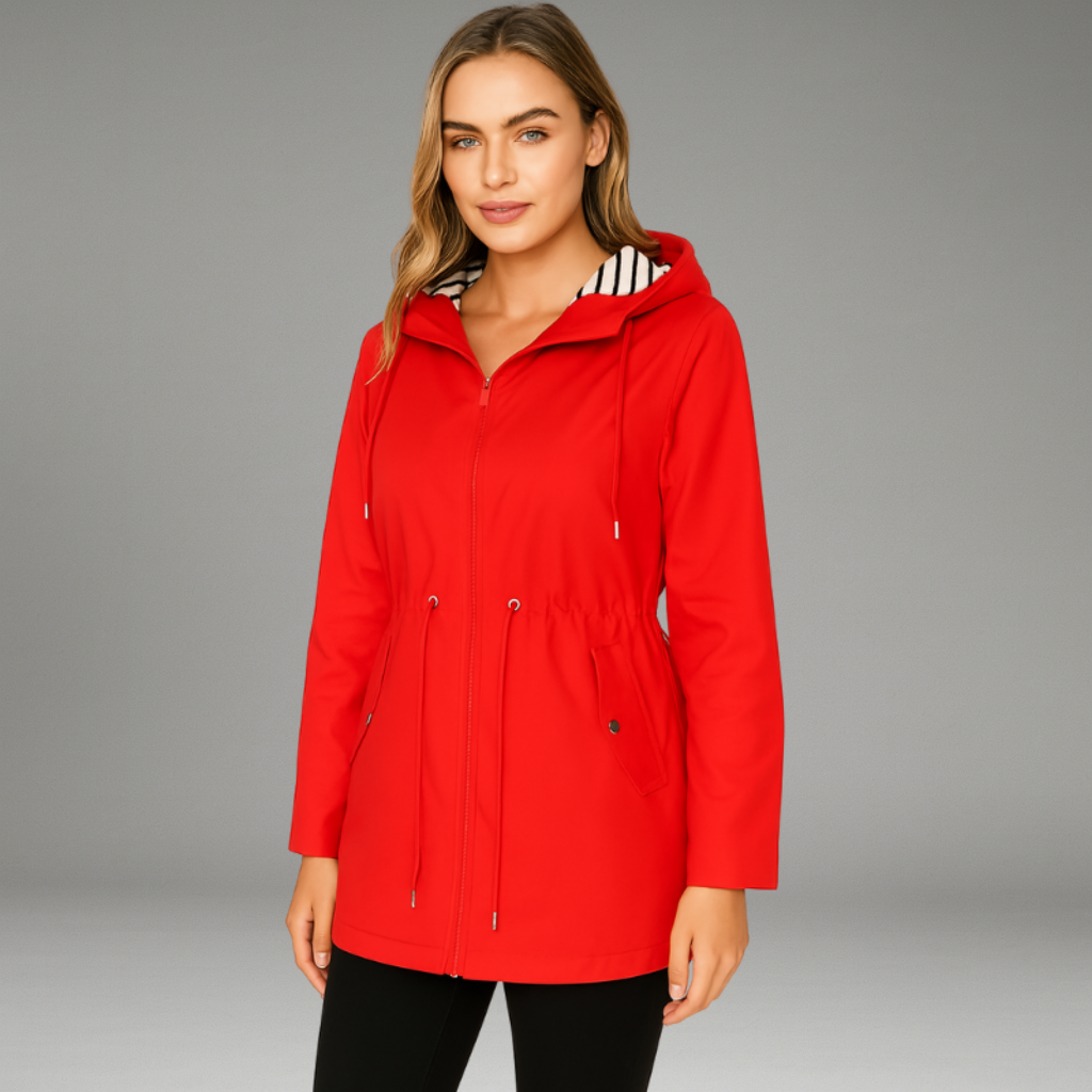 Women’s Rain Jacket with Zip and Snap Closure and Adjustable Hood