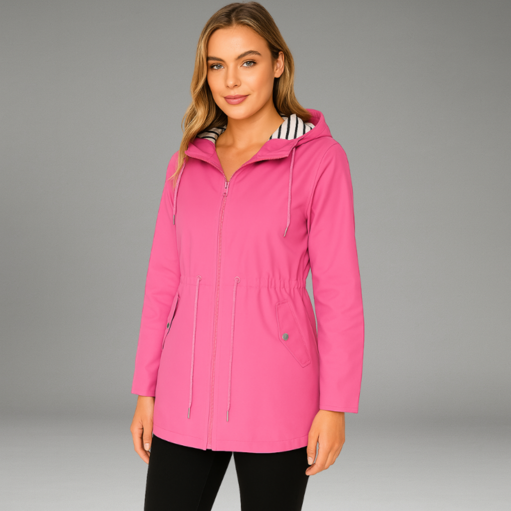 Women’s Rain Jacket with Zip and Snap Closure and Adjustable Hood