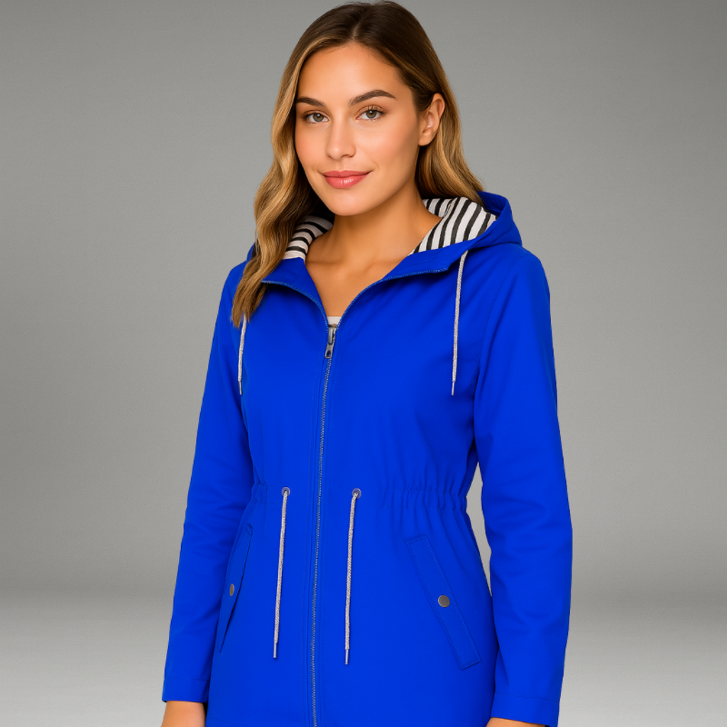 Women’s Rain Jacket with Zip and Snap Closure and Adjustable Hood