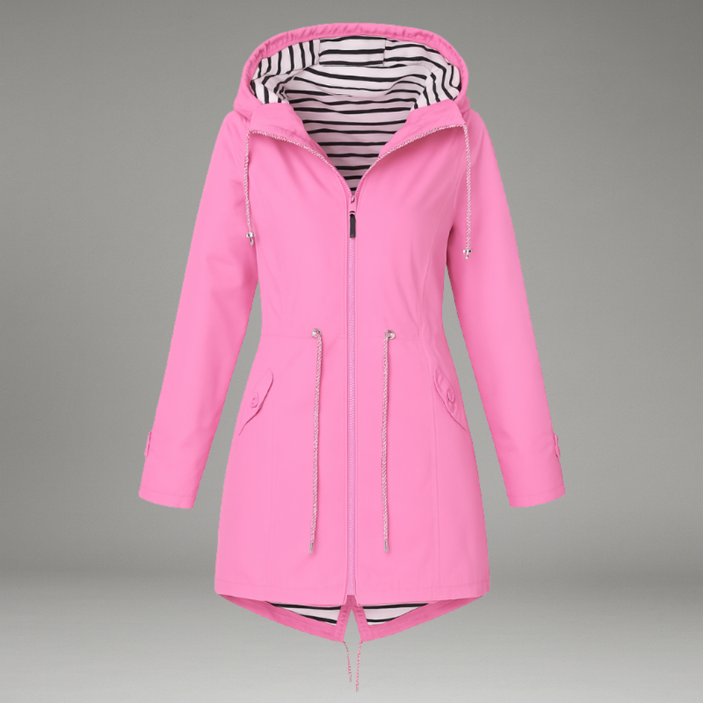 Women’s Rain Jacket with Zip and Snap Closure and Adjustable Hood