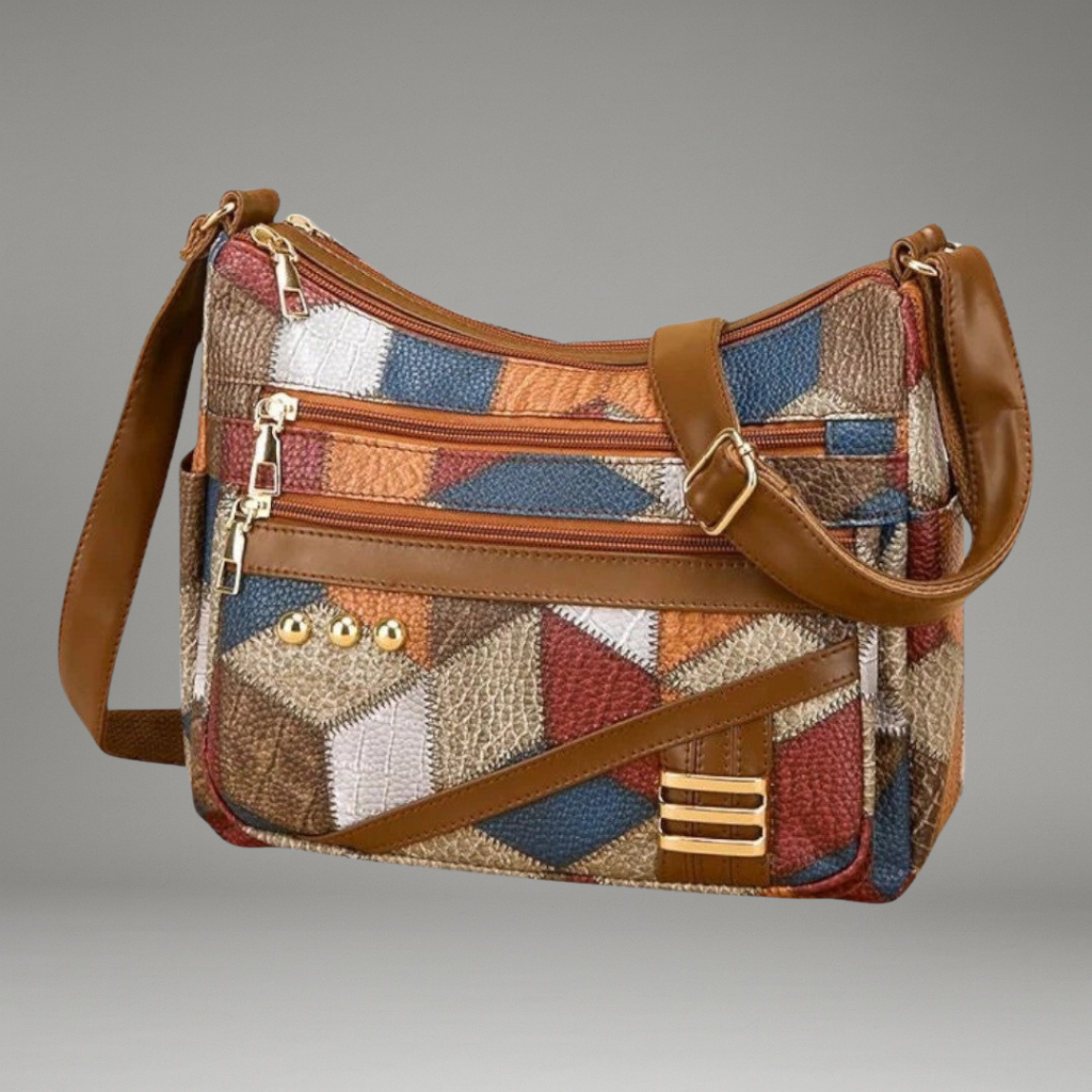 Women’s Shoulder Bag with Patchwork Panels and Zip Compartments
