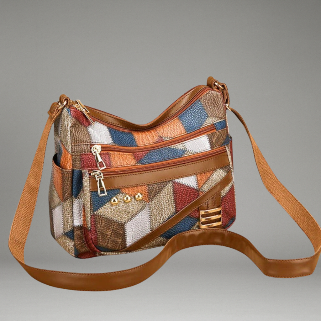 Women’s Shoulder Bag with Patchwork Panels and Zip Compartments