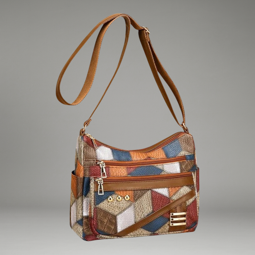 Women’s Shoulder Bag with Patchwork Panels and Zip Compartments