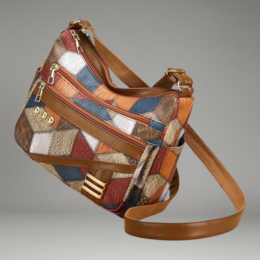 Women’s Shoulder Bag with Patchwork Panels and Zip Compartments