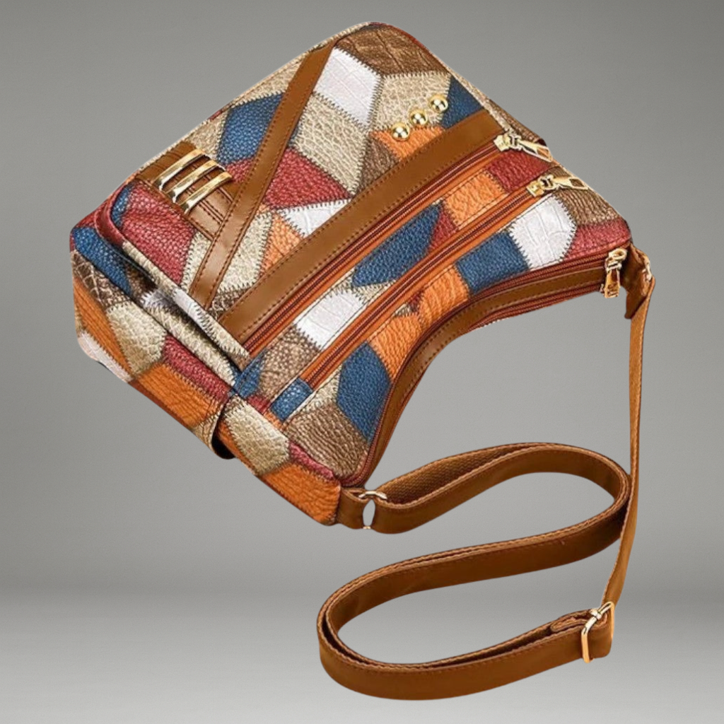 Women’s Shoulder Bag with Patchwork Panels and Zip Compartments