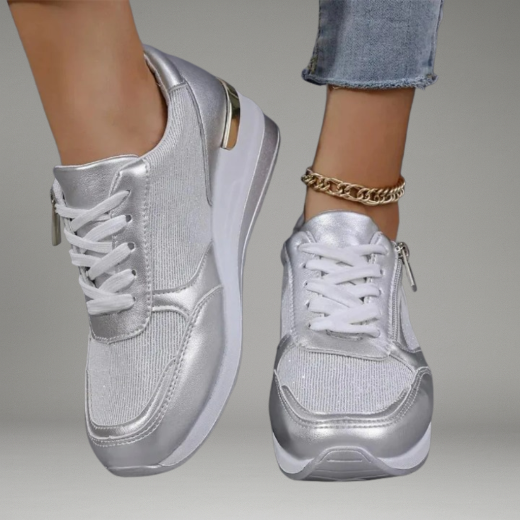 Women’s Sneakers with Lace-Up Closure and Metallic Panel Details