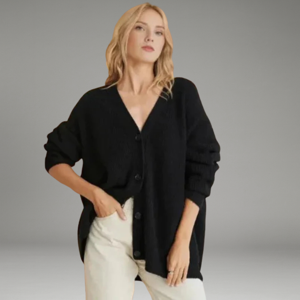 Women’s V-Neck Cardigan with Front Buttons and Ribbed Hem