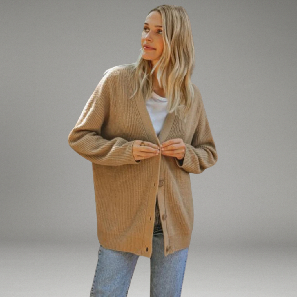Women’s V-Neck Cardigan with Front Buttons and Ribbed Hem