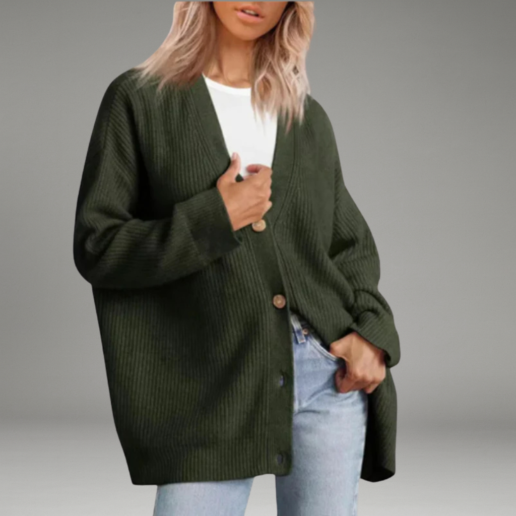 Women’s V-Neck Cardigan with Front Buttons and Ribbed Hem