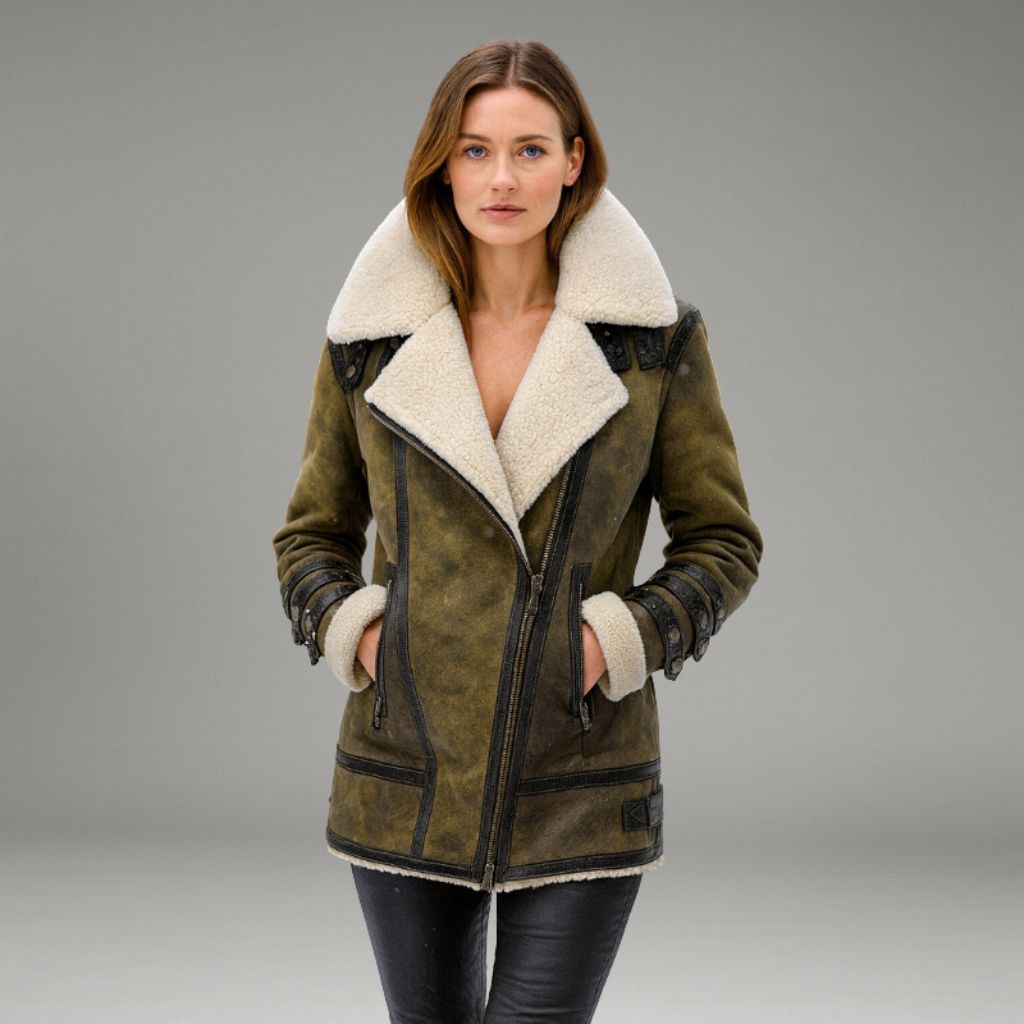 Women’s Winter Jacket with Shearling Collar and Zip Closure