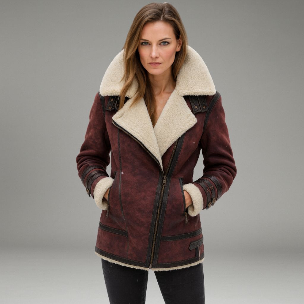 Women’s Winter Jacket with Shearling Collar and Zip Closure