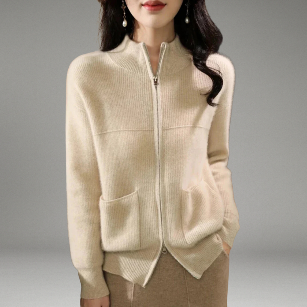 Women’s Zip-Up Cardigan with High Neckline and Front Pockets