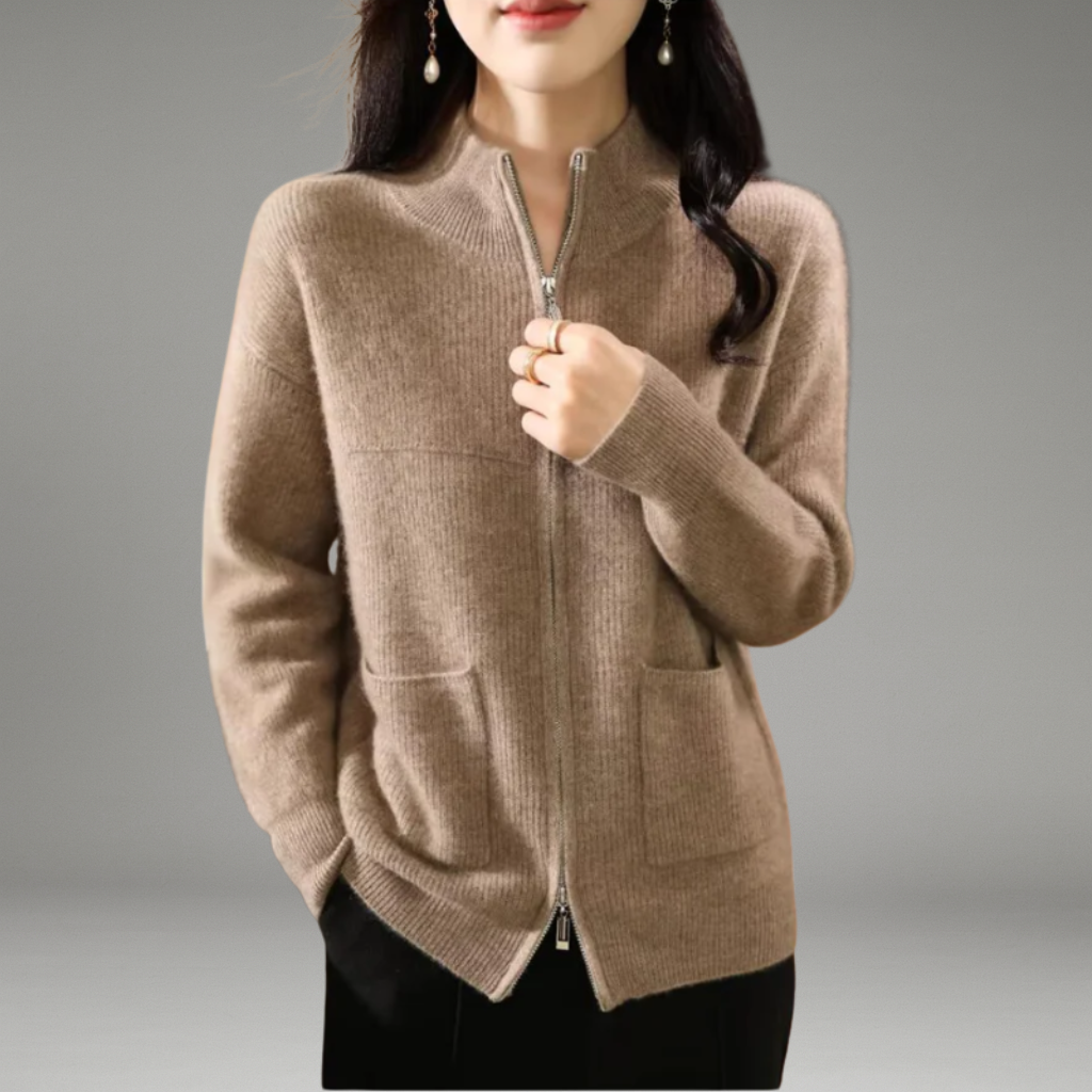 Women’s Zip-Up Cardigan with High Neckline and Front Pockets