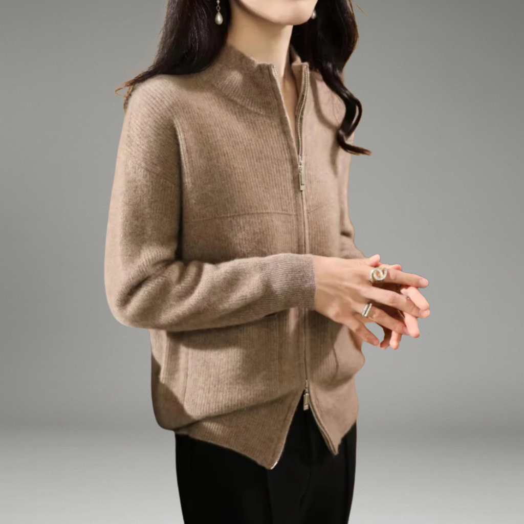 Women’s Zip-Up Cardigan with High Neckline and Front Pockets