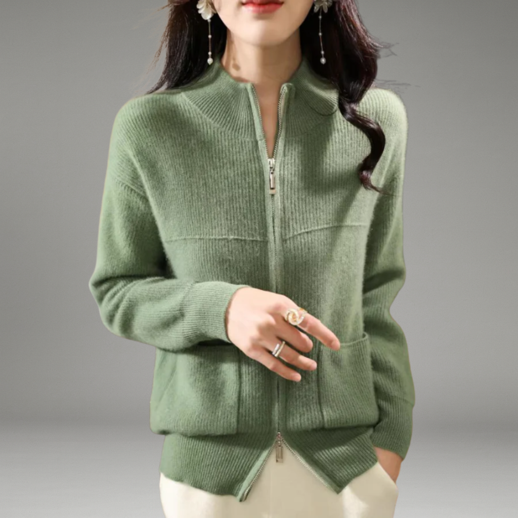 Women’s Zip-Up Cardigan with High Neckline and Front Pockets