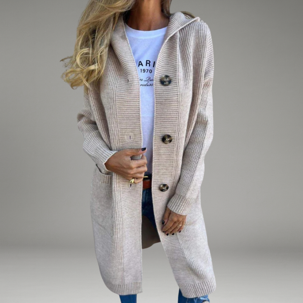Women’s Long Cardigan with Button Closure and Front Pockets