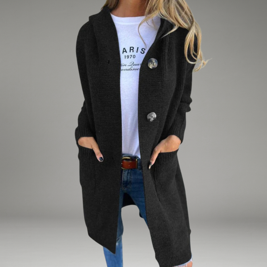Women’s Long Cardigan with Button Closure and Front Pockets