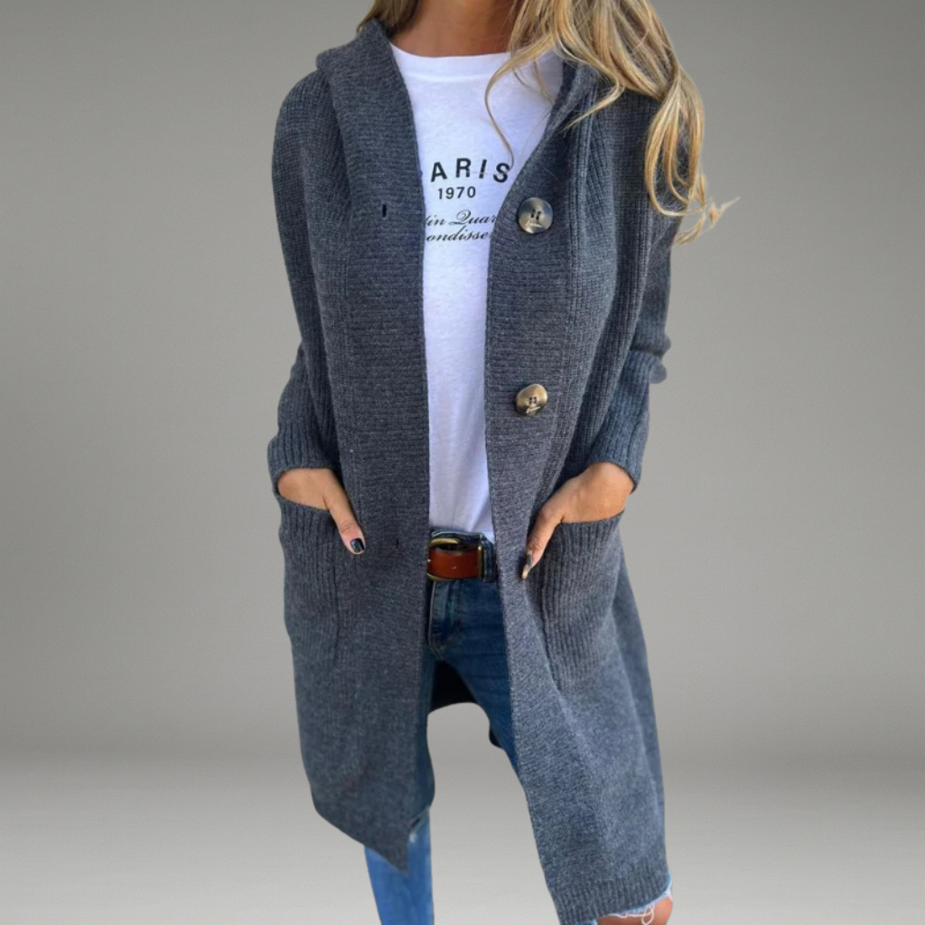 Women’s Long Cardigan with Button Closure and Front Pockets