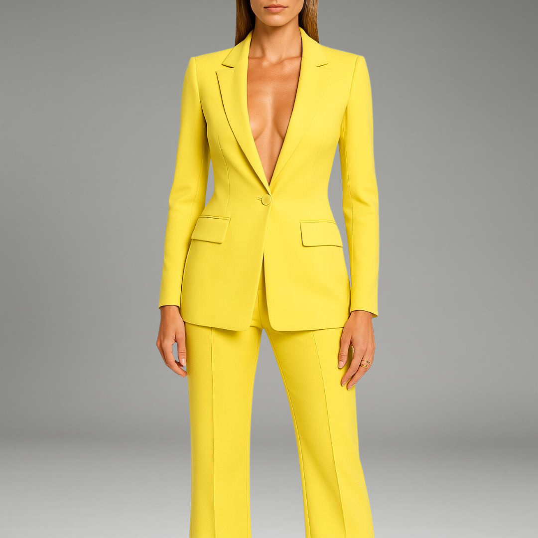 Women’s Suit Set with Lapel Collar Blazer and Waistband Trousers