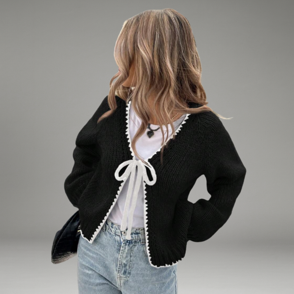Women’s Cropped Cardigan with Tie Closure and Contrast Trim