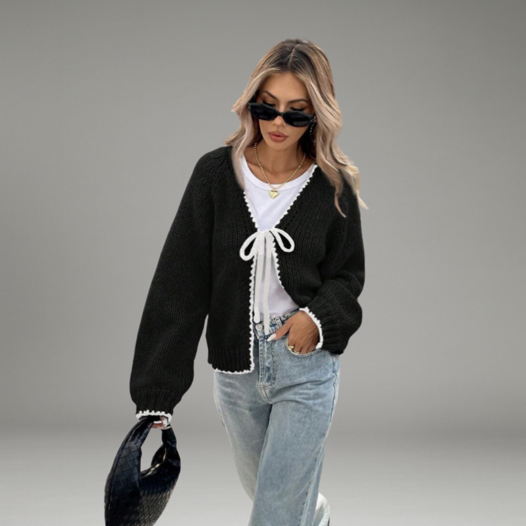 Women’s Cropped Cardigan with Tie Closure and Contrast Trim