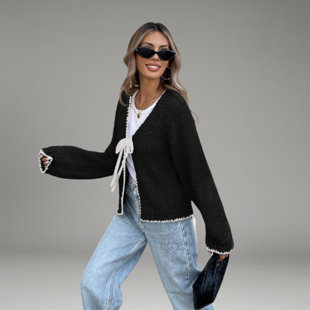 Women’s Cropped Cardigan with Tie Closure and Contrast Trim
