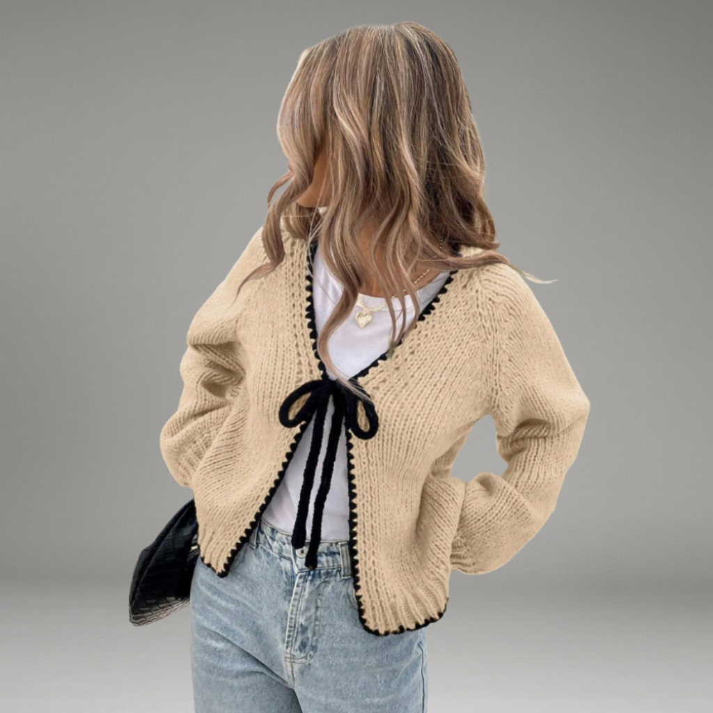 Women’s Cropped Cardigan with Tie Closure and Contrast Trim