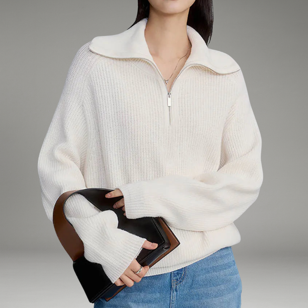 Women’s Jumper with Wide Collar and Chest Zipper