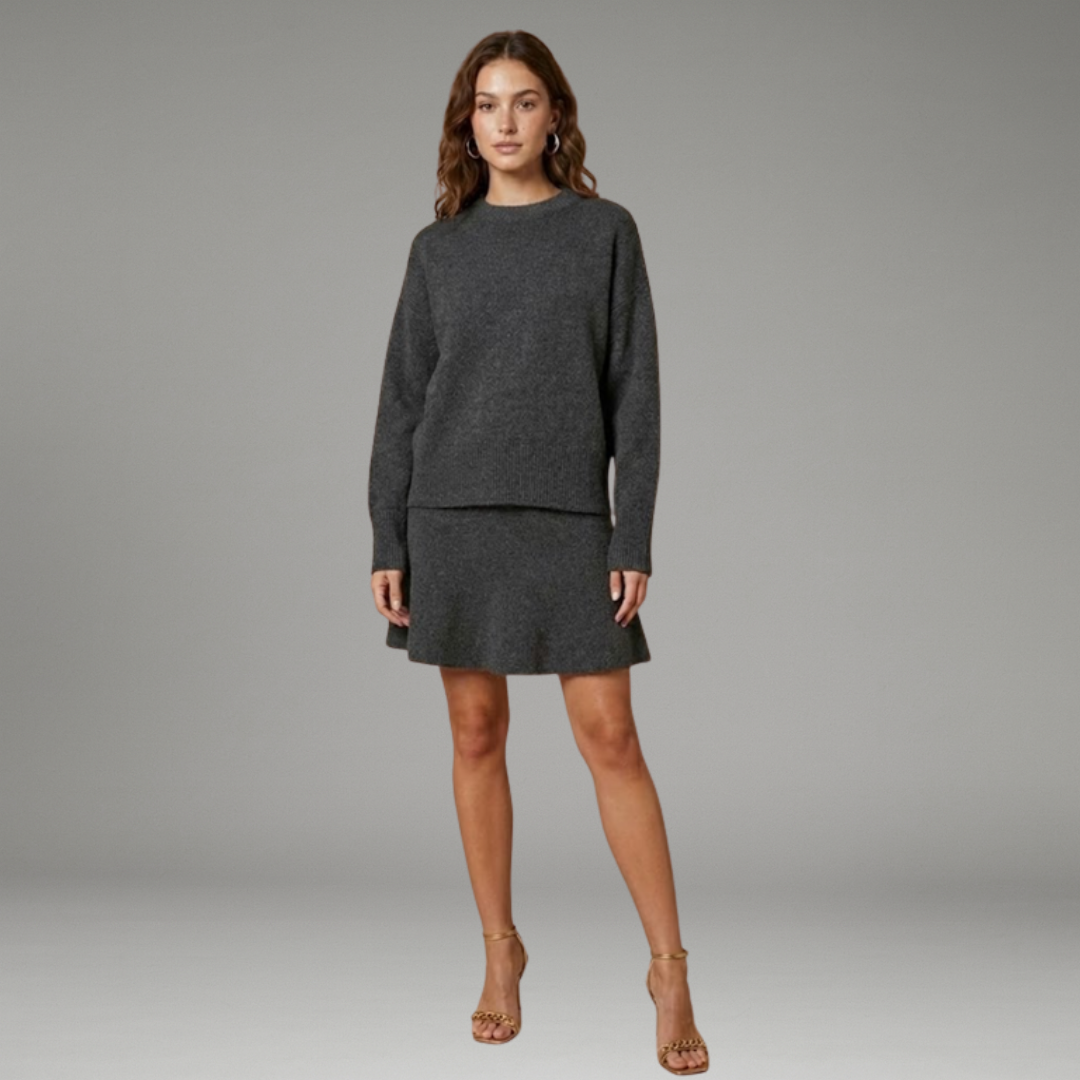 Women’s Two-Piece Set with Long Sleeve Sweater and Waistband Skirt